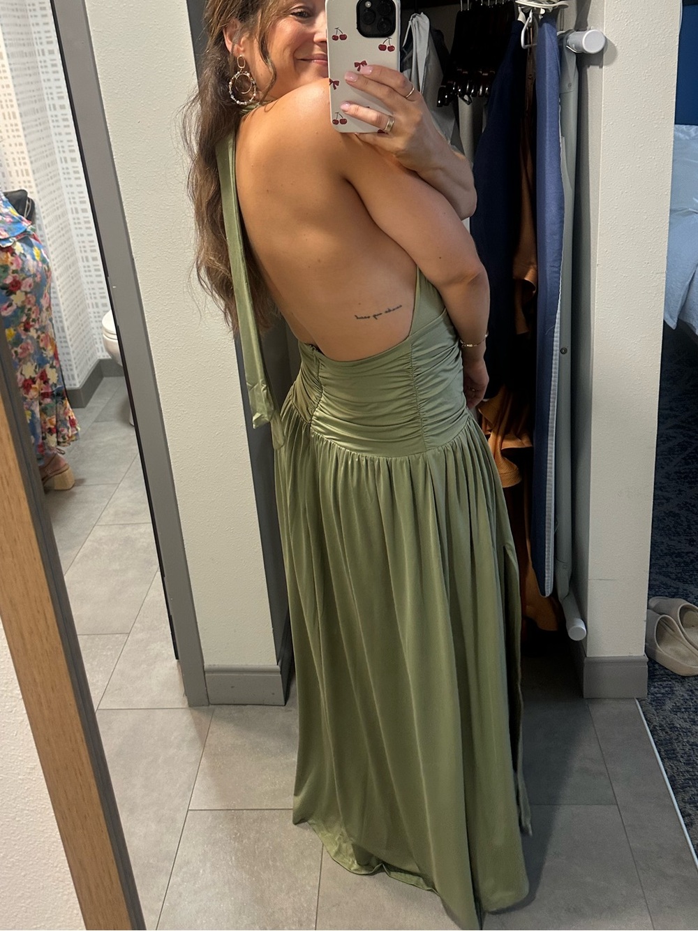 Olive Green Backless Halter Maxi Dress - Women's